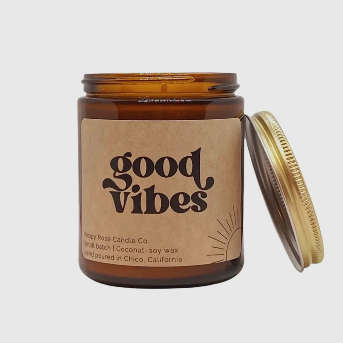 Poppy Rose Candle Co, Good Vibes 8 oz Coconut Wax Amber Jar Candle