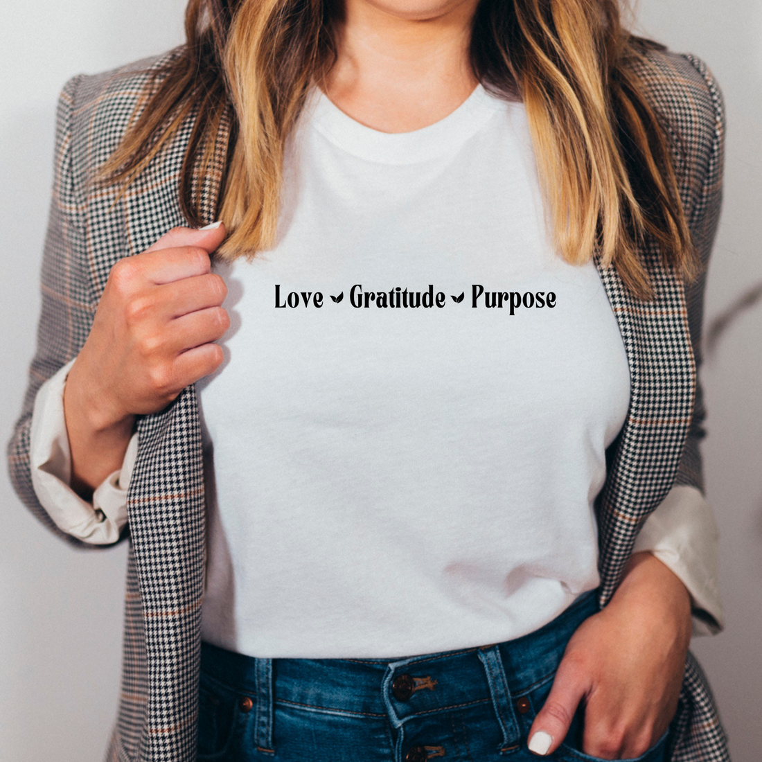 LOVE, GRATITUDE, PURPOSE Tee- White/Black Combo